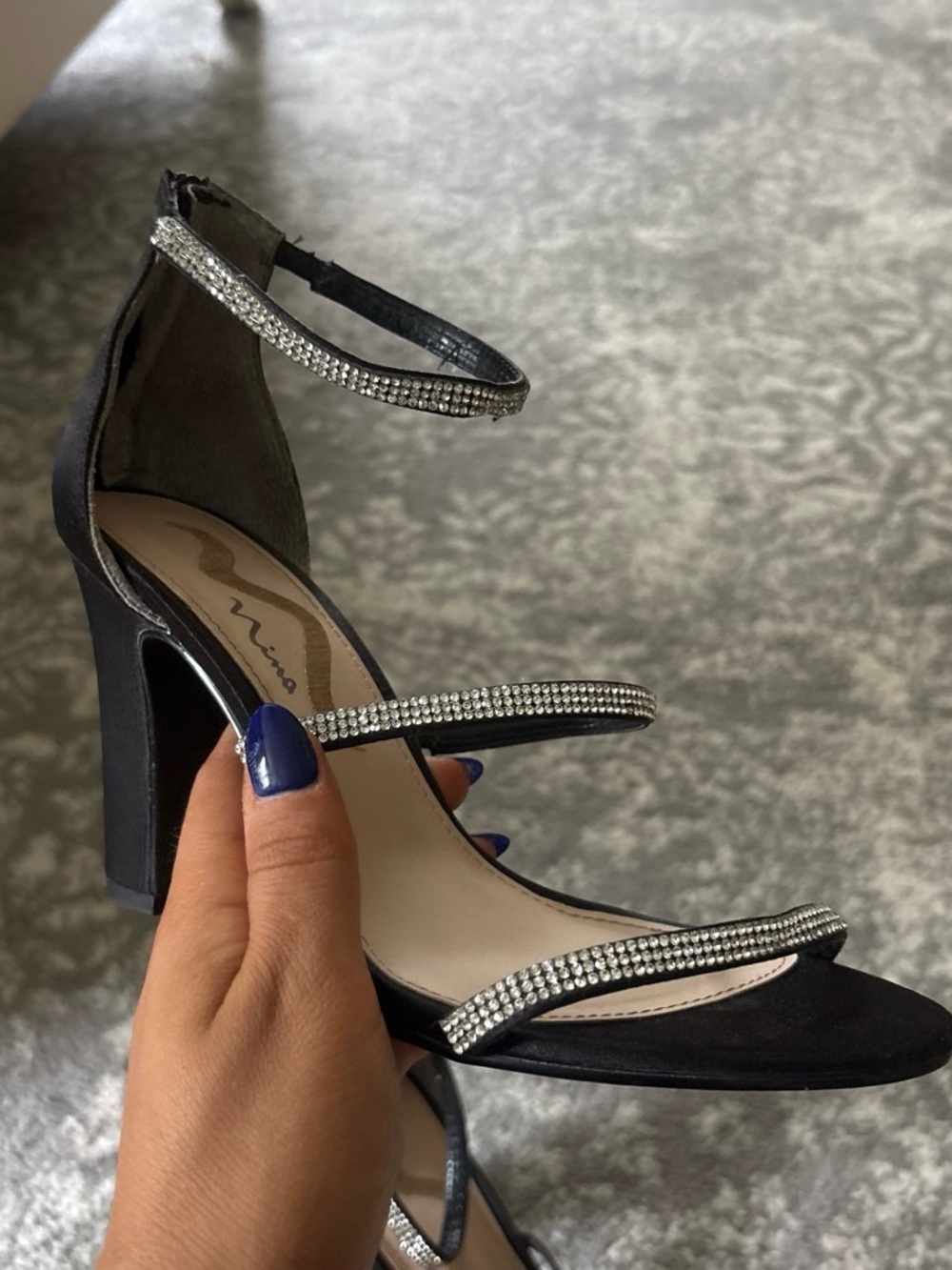 Nina Black Rhinestone Triple-Strap Block Heel Sandal